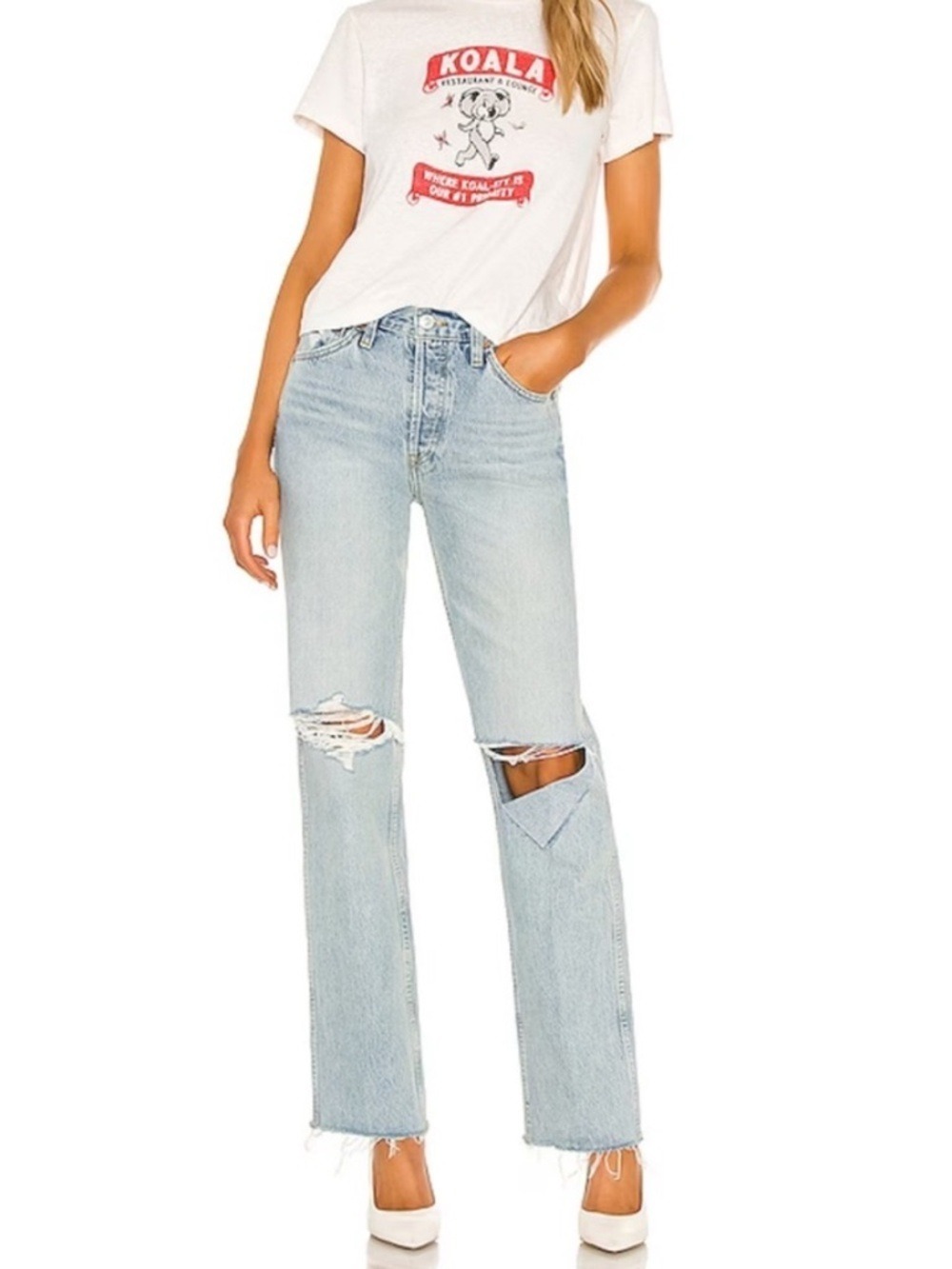 REDONE Originals 90s High Rise Loose Jeans in Breezy Indigo With Rips